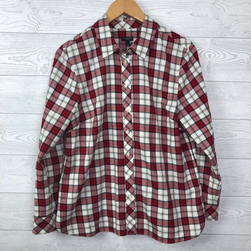 Talbot's Women's Large PETITE Plaid Long Sleeve Button Front Shirt Cotton Blend